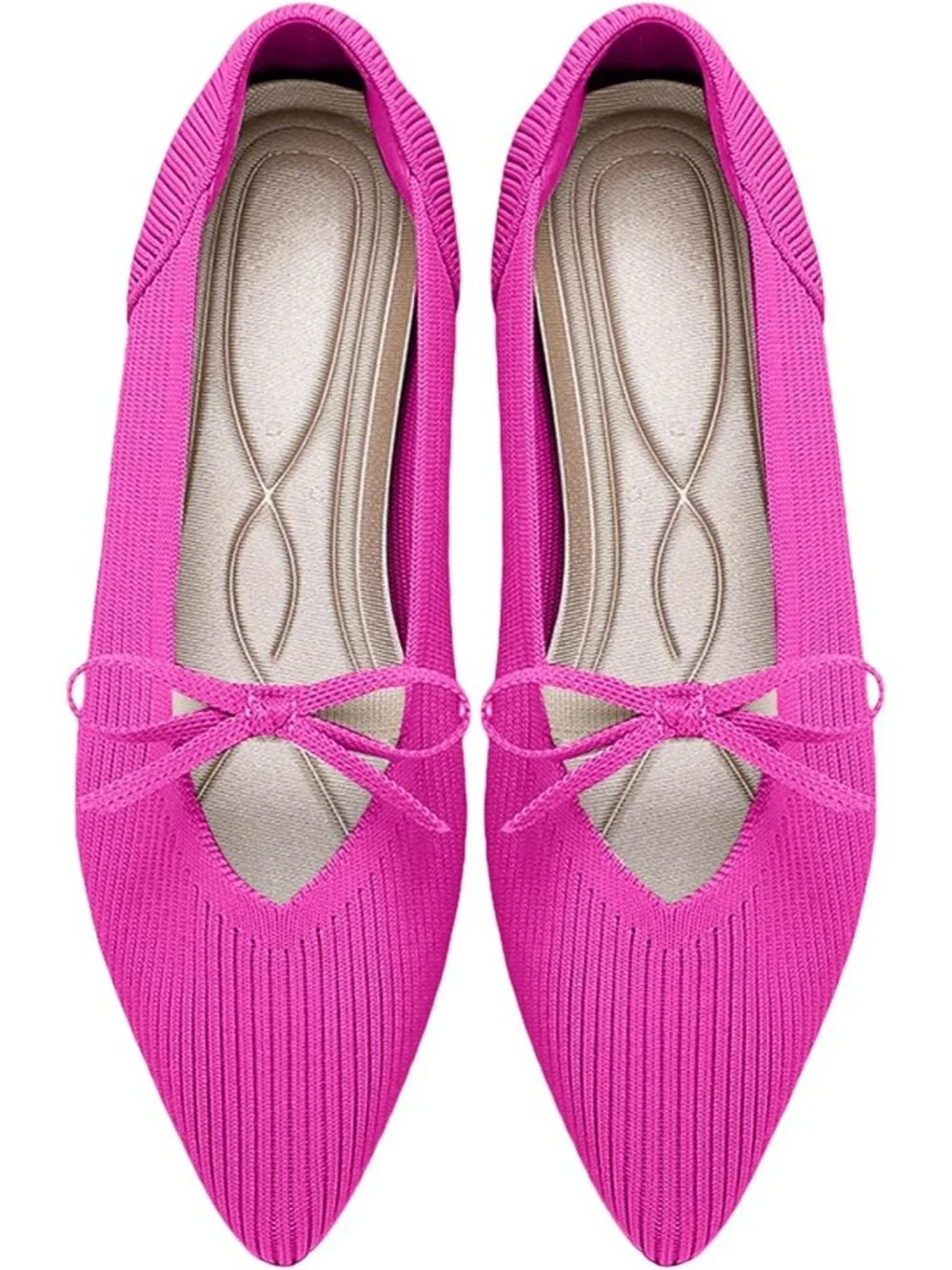 Women's Pink Pointed Toe Knit Ballet Flats Comfortable Pull On Casual Shoes